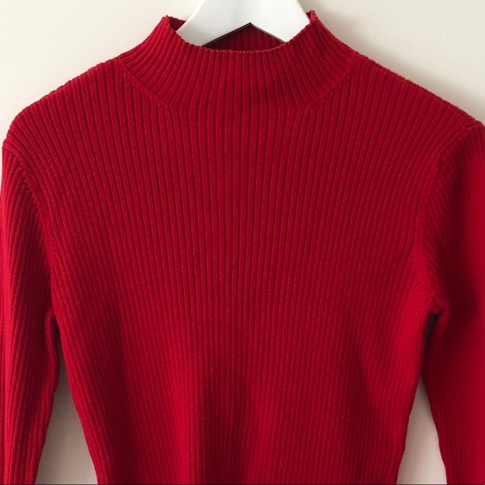 vintage 90s Red Ribbed Mockneck Cropped Sweater - Picture 2 of 2